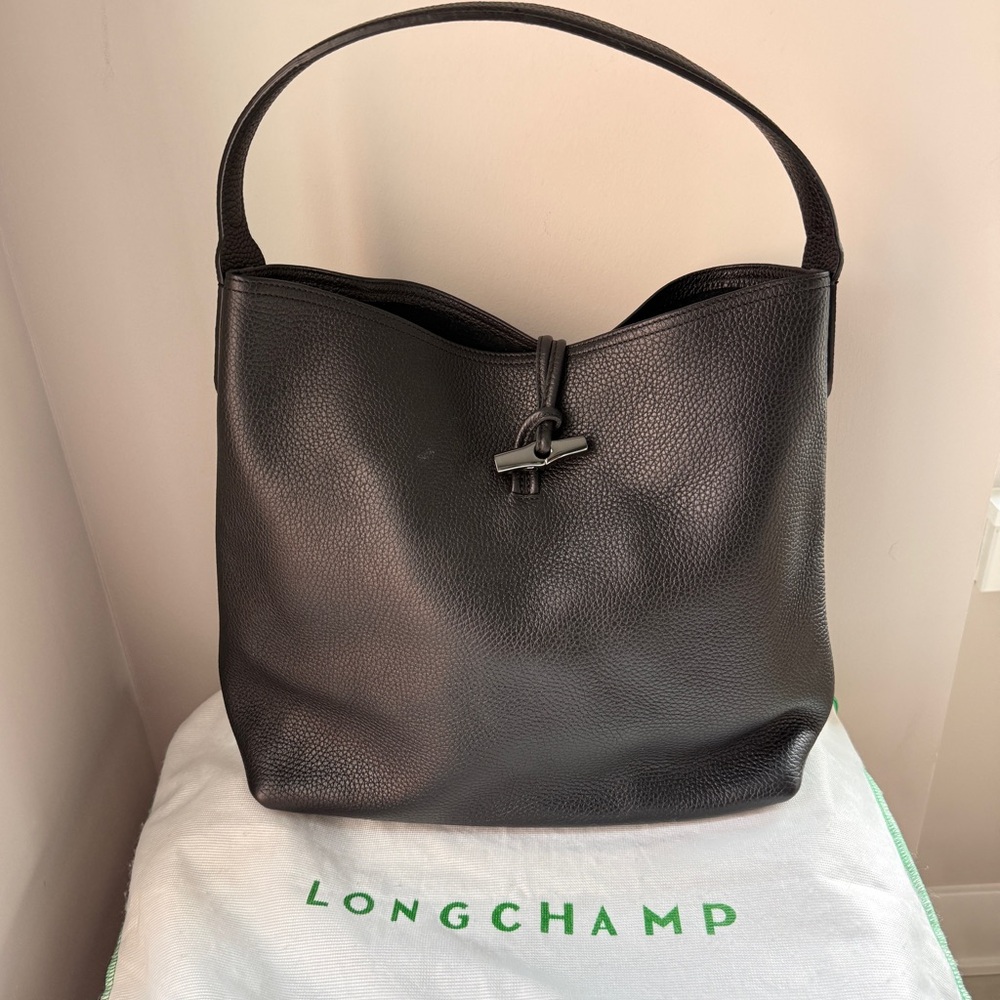 Longchamp Essential Roseau Hobo Black Leather Mint Condition Quiet Luxury $800 - Picture 3 of 16